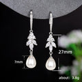 Silver Tone Crystal Leaf Pearl Drop Earrings Polished Metal Jewelry view 5