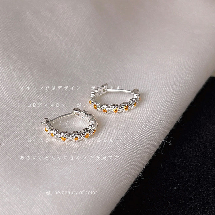 Silver Tone Daisy Flower Mini Hoop Huggie Earrings