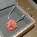 Pink Rose Pendant White Beaded Choker Necklace Statement Jewelry Design view 4