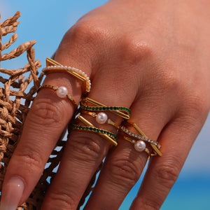 Gold Open Twist Pearl Crystal Rings Sizes Six To Eight