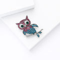 Pink and Blue Crystal Owl Brooch Perched on Silver Tone Branch view 4