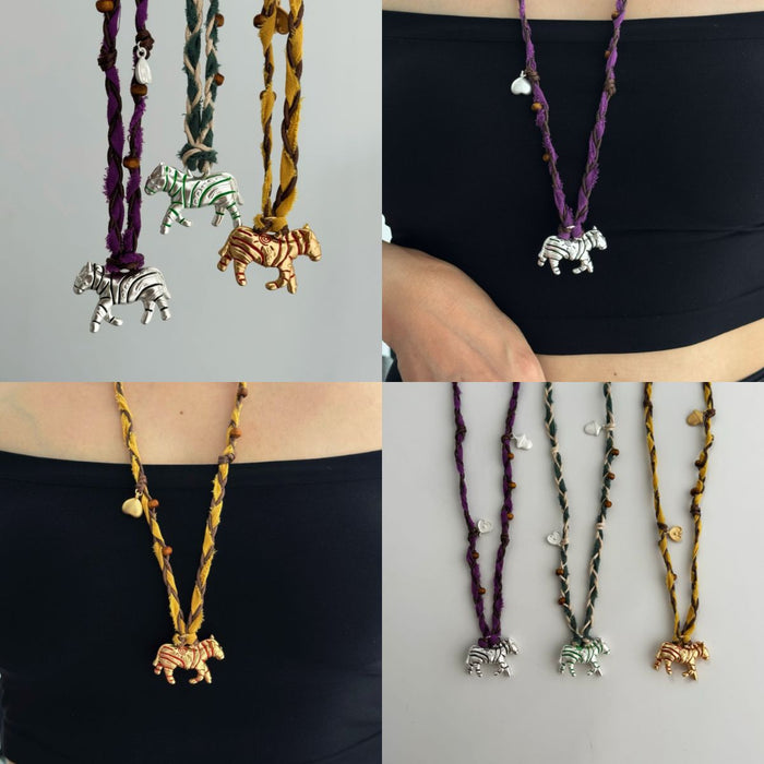 Braided Cord Zebra Pendant Necklaces in Two Colors