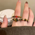 Tiger Eye Beaded Stretch Ring Coffee Brown Gold Accents view 3