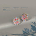 Gold Tone Pink Green Patterned Round Medallion Stud Earrings view 1
