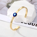 Gold Tone Slim Blue Evil Eye Open Cuff Bracelet with Polished Finish view 2