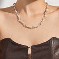 Pearl Clear Bead Station Necklace Gold Steel Models A B view 2