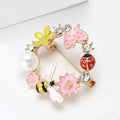Bee Ladybug Flower Wreath Brooch Enamel Pearl Circle view 3