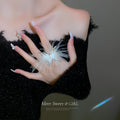 White Feather Statement Ring With Silver Tone Crystal Band view 1