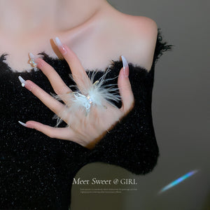 Feather Open Ring With Rhinestone Butterfly, Silver-Tone Adjustable Band