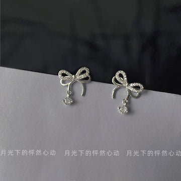 Silver Tone Clear Pavé Open Bow Stud Earrings Drop Stone