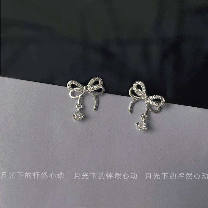 Silver Tone Clear Pavé Open Bow Stud Earrings Drop Stone