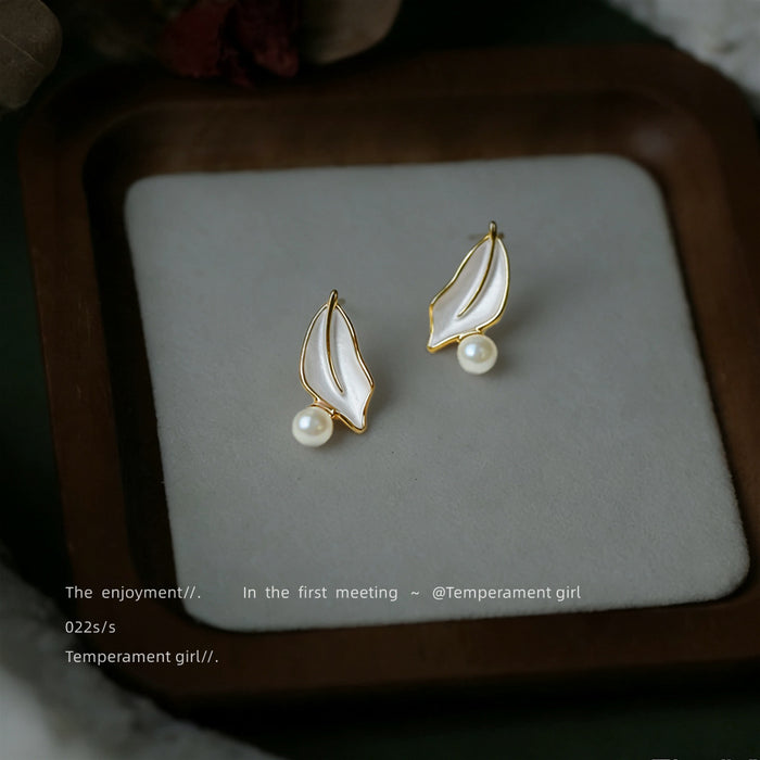 Gold Tone White Leaf And Pearl Accent Stud Earrings For Women