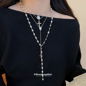 Silver Multi Layer Cross Pearl Necklace Rosary Style