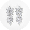 Clear Leaf Cluster Long Drop Earrings in Silver Tone view 1