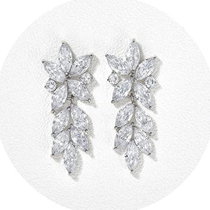 Clear Leaf Cluster Long Drop Earrings in Silver Tone