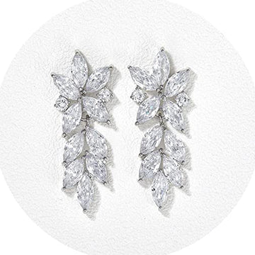 Clear Leaf Cluster Long Drop Earrings in Silver Tone