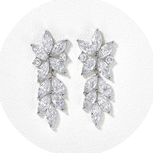 Clear Leaf Cluster Long Drop Earrings in Silver Tone shown in product close-up