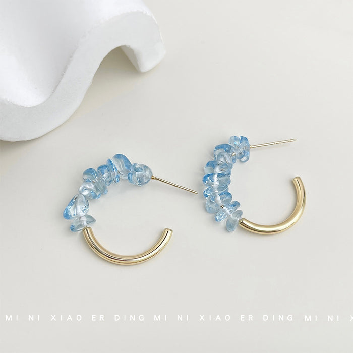 Gold Tone Aqua Blue Crystal Chip Round Hoop Earrings