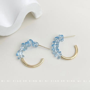 Gold Open Hoop Light Blue Glass Crystal Chip Earrings