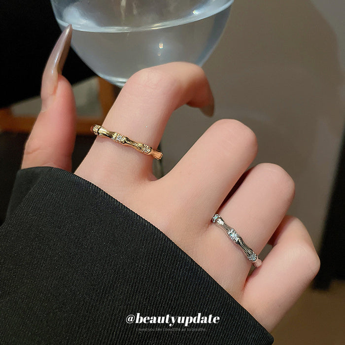 Silver Tone Bamboo Texture Open Ring With Clear Stones And Unlisted Gold Style