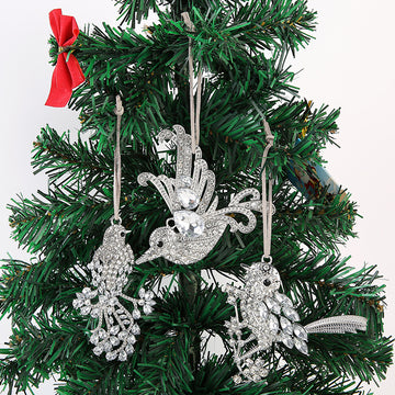 Silver Rhinestone Bird Hanging Ornament Metal Cord Charm