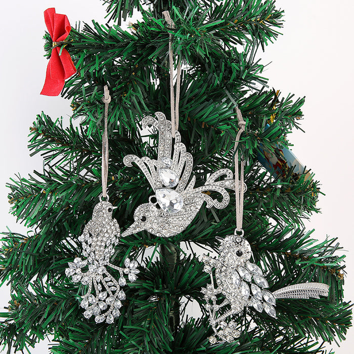 Silver Rhinestone Bird Hanging Ornament Metal Cord Charm