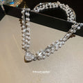 White Pearl and Crystal Heart Layered Necklace with Detailed Finish view 4