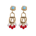 Padlock Pearl and Red Bead Fringe Drop Earrings Fashion Jewelry view 5