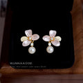 Gold Tone Translucent White Flower Pearl Drop Stud Earrings view 3