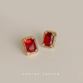 Gold Rectangular Red Crystal Stud Earrings Prong Pair view 1