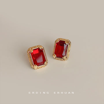 Gold Rectangular Red Crystal Stud Earrings Prong Pair