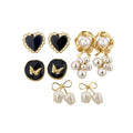 Five Pair Gold Black Enamel Pearl Mixed Stud Earring Set view 5