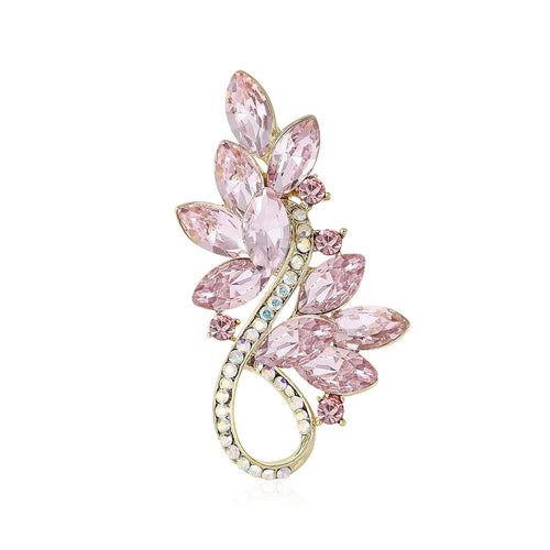 Light pink crystal leaf spray brooch gold tone