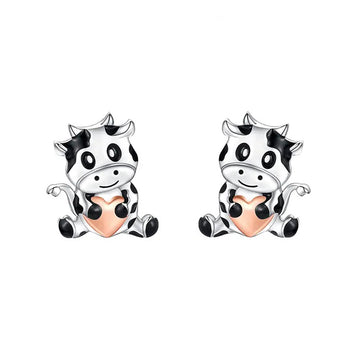 Black and White Cow Stud Earrings with Peach Accents