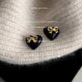 Gold Tone Bow And Black Heart Stud Earrings For Women view 3