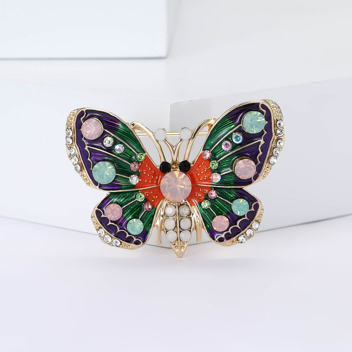 Enamel Butterfly Brooch Purple Green Orange Rhinestone Pearl
