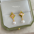 Yellow Enamel Diamond Drop Earrings Peach Pearl Pair view 6