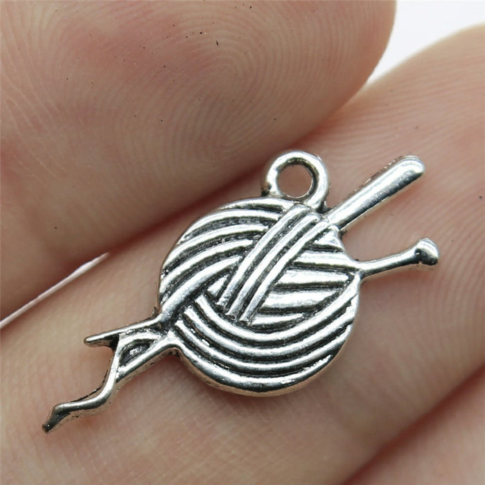 Yarn Ball and Knitting Needles Metal Pendant in Silver Tone