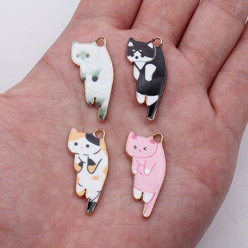 Gold Tone Long Cat Enamel Charms in Four Coat Colors