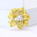 Matte Gold Silver Flower Brooch Pearl Center Rhinestones view 3