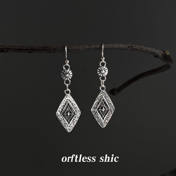 Antique Silver Tone Layered Diamond Long Hook Earrings