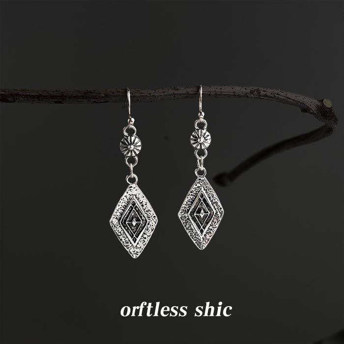 Antique Silver Tone Layered Diamond Long Hook Earrings