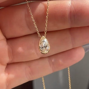 Gold Tone Pear Bezel Clear Crystal Pendant Necklace