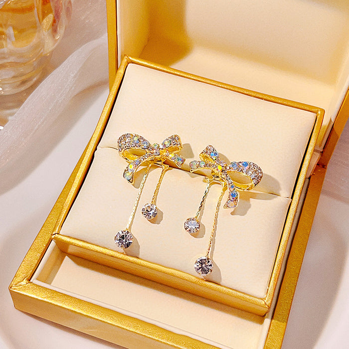 Gold Rhinestone Bow Drop Earrings Dual Crystal Dangles