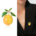 Yellow Lemon Enamel Brooch Green Leaves Gold Tone Stem view 2