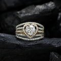 Two Tone Crystal Heart Three Band Ring Set Polished Metal Jewelry view 1