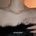 Gold Pearl Leaf Vine Necklace Matching Drop Earring Set view 2