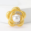 Layered Flower Brooch In Metal With Textured Metal Petals, Crystals, And A Central Faux view 2
