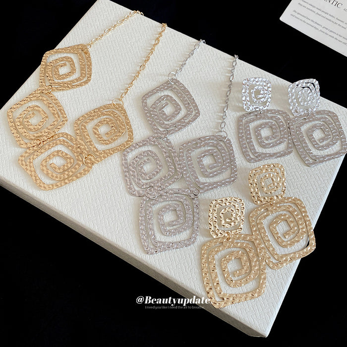 Gold Silver Hammered Spiral Square Necklace Earring Sets