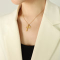 Cross and Oval Medal Pendant Necklace Gold Steel Tones view 4